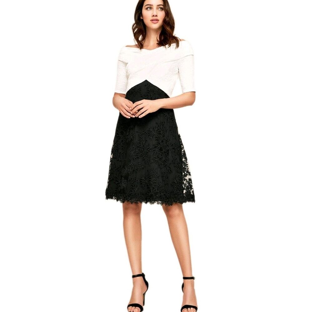 Tadashi Shoji Black White Dorian Jacquard Off Shoulder Lace Dress Size 16